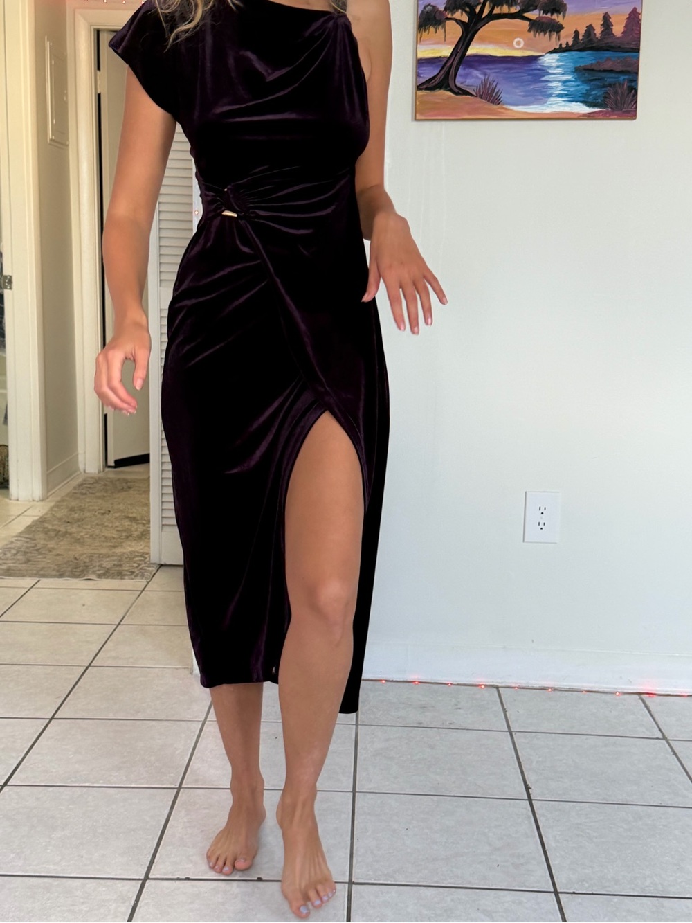 Elegant Violet Velvet One-Shoulder Midi Dress with Side Slit - Picture 1 of 6
